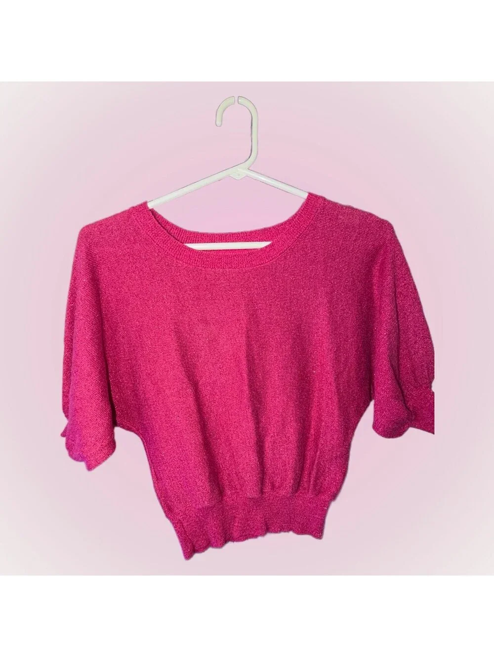 Girls Size 8 Pink Knit Top by Justice | Metallic Pink Sparkle | Batwing Sleeves